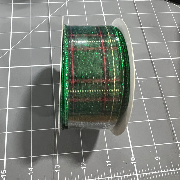 1.5”x 10yd green glitter plaid Wired Ribbon - RGE1275