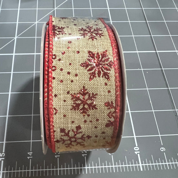 1.5”x 10yd red and tan snowflake  Wired Ribbon - RGE113901