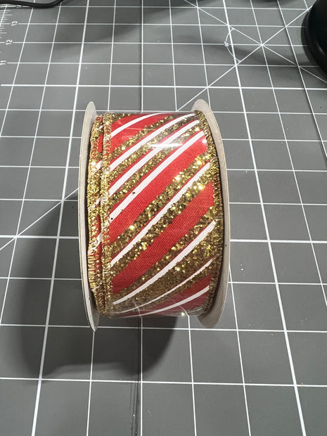 1.5”x 10yd gold and red glitter stripe Wired Ribbon - RGE18584E