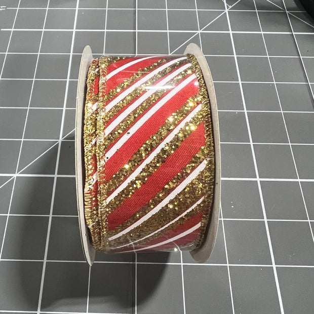 1.5”x 10yd gold and red glitter stripe Wired Ribbon - RGE18584E