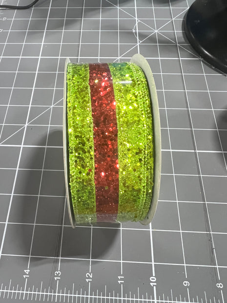 1.5”x 10yd green and red glitter stripe Wired Ribbon - RG8981W1
