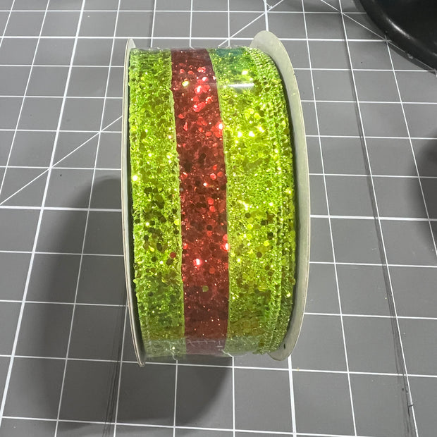 1.5”x 10yd green and red glitter stripe Wired Ribbon - RG8981W1