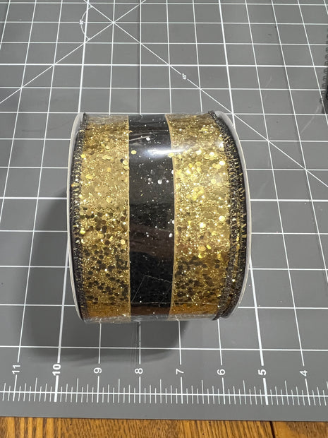 2.5 "X10YD gold and black glitter stripe Wired Ribbon - RG8982T7
