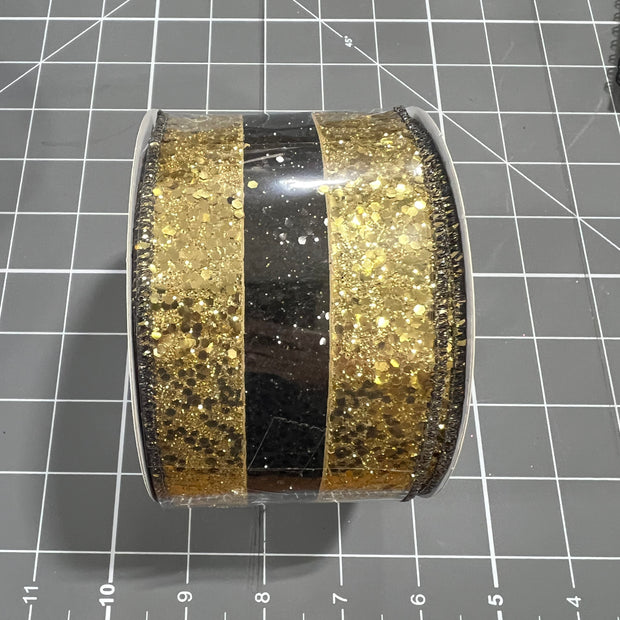 2.5 "X10YD gold and black glitter stripe Wired Ribbon - RG8982T7