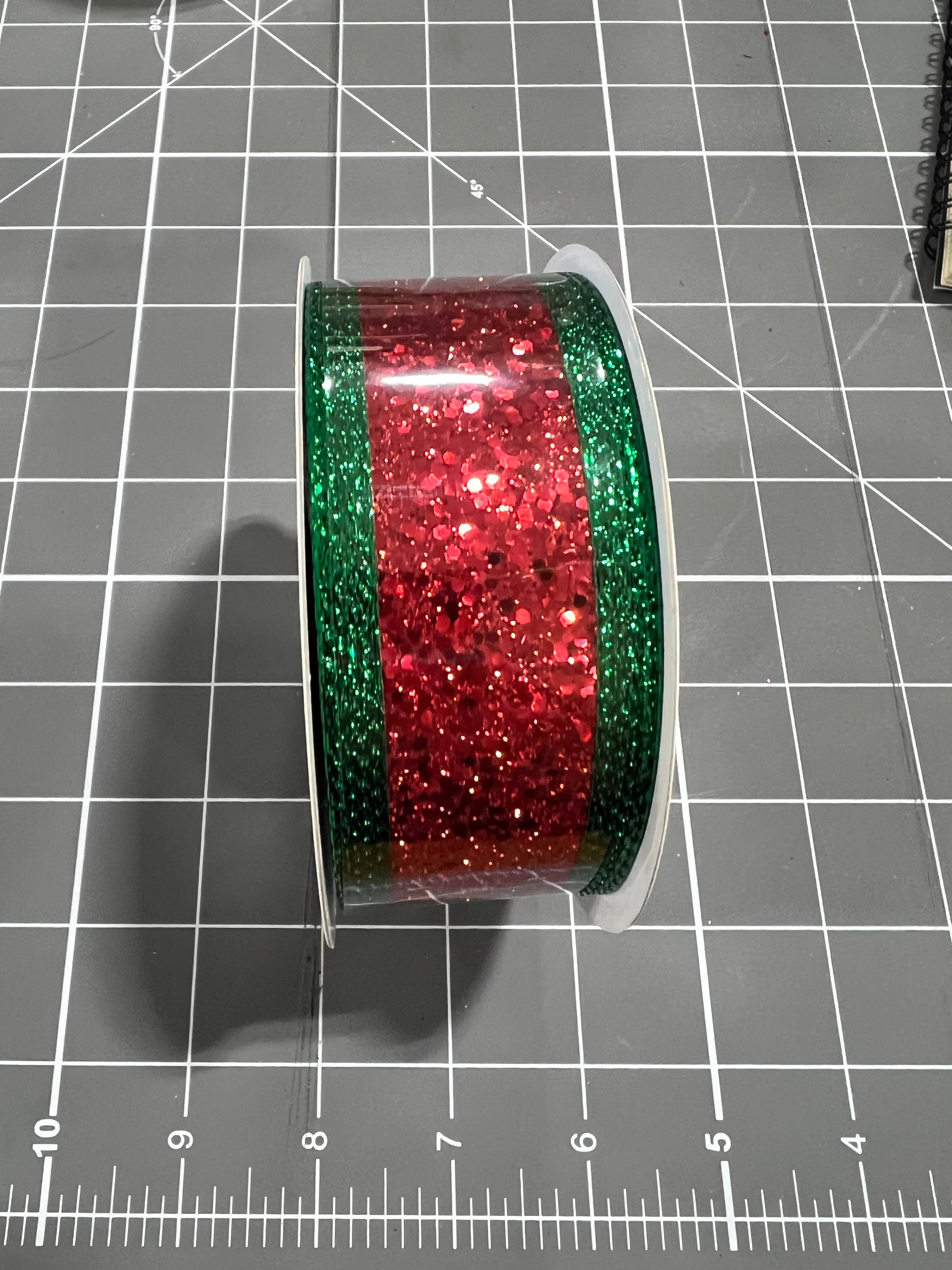 1.5”x 10yd red and green glitter stripe Wired Ribbon - RGA88144N