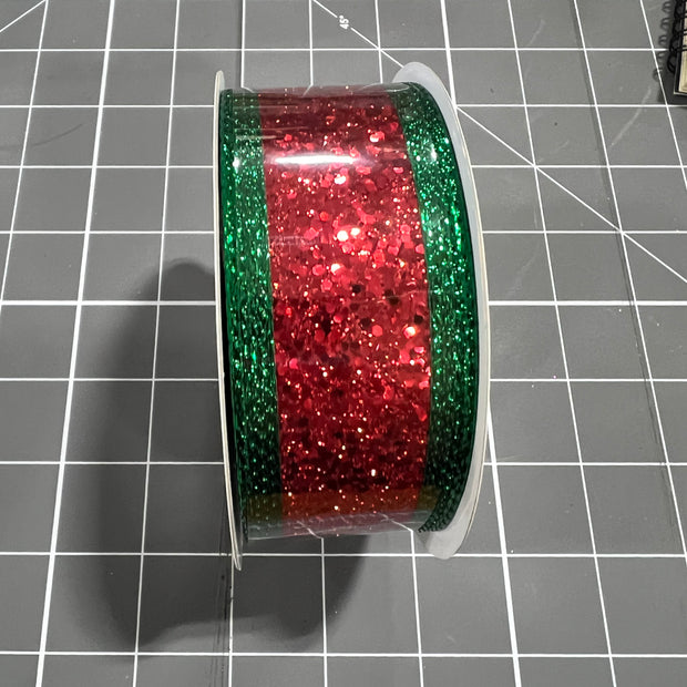 1.5”x 10yd red and green glitter stripe Wired Ribbon - RGA88144N
