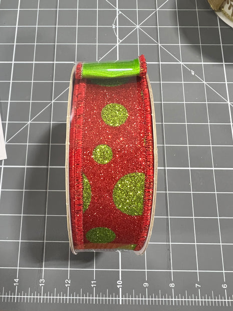 1.5” x 10yd lime green and red glitter dot with green backing d’lux ribbon - LX323524