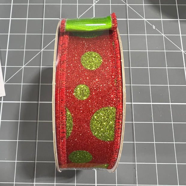 1.5” x 10yd lime green and red glitter dot with green backing d’lux ribbon - LX323524