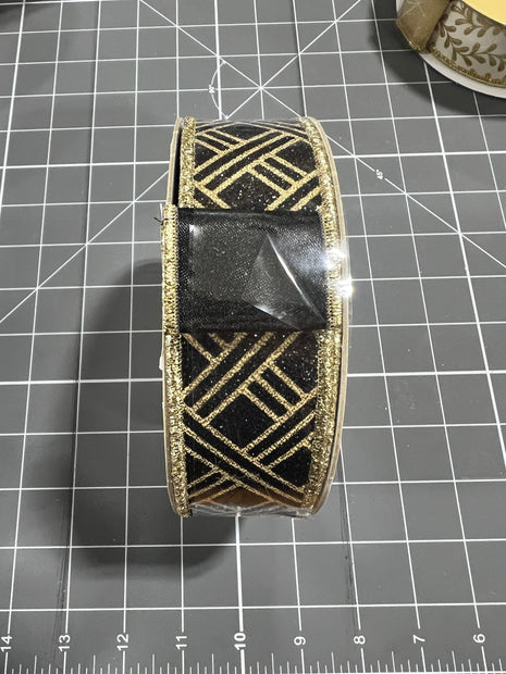 1.5” x 10yd black and gold woven stripe with black backing d’lux ribbon - LX3216RF