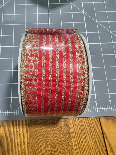 2.5 "X10YD red and gold glitter dot and stripe Wired Ribbon - RGF151036