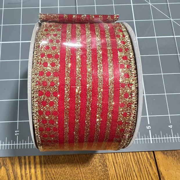 2.5 "X10YD red and gold glitter dot and stripe Wired Ribbon - RGF151036