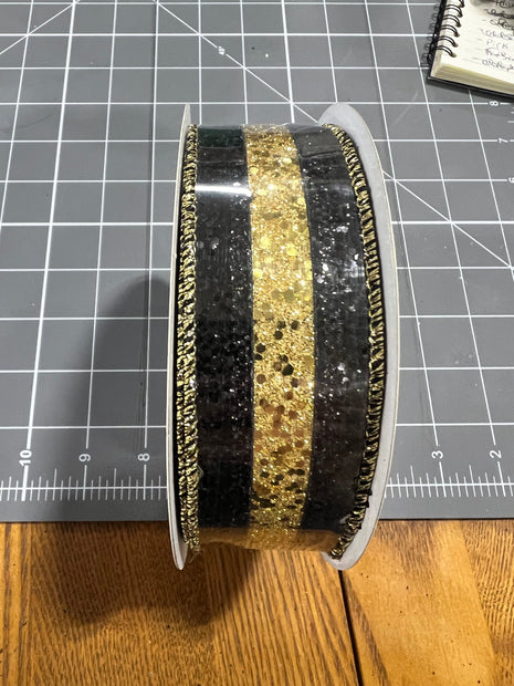 1.5”x 10yd gold and black glitter stripe   Wired Ribbon - RG898186