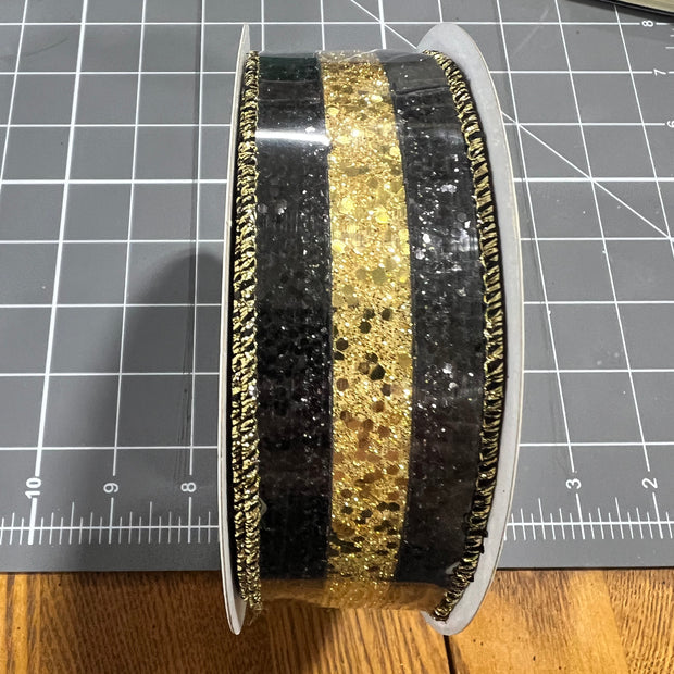 1.5”x 10yd gold and black glitter stripe   Wired Ribbon - RG898186