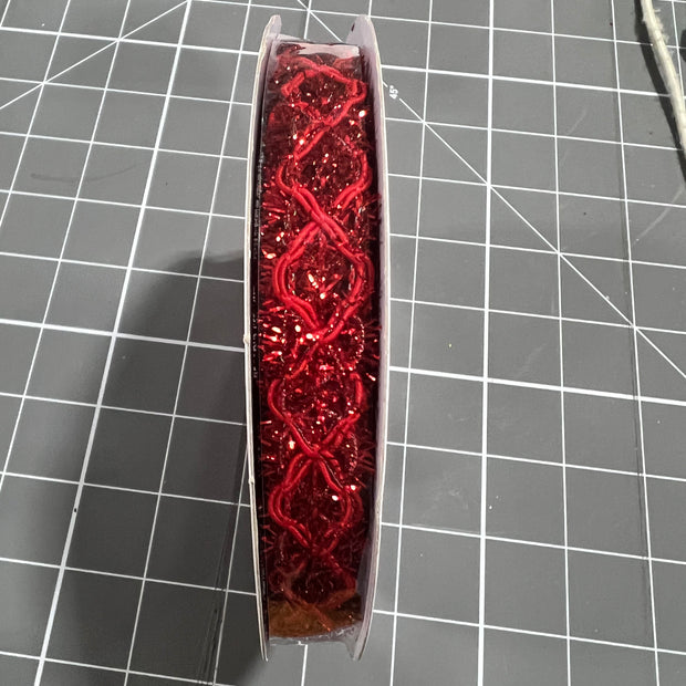 5/8” x 10Y red tinsel open weave Wired Ribbon - RN592024