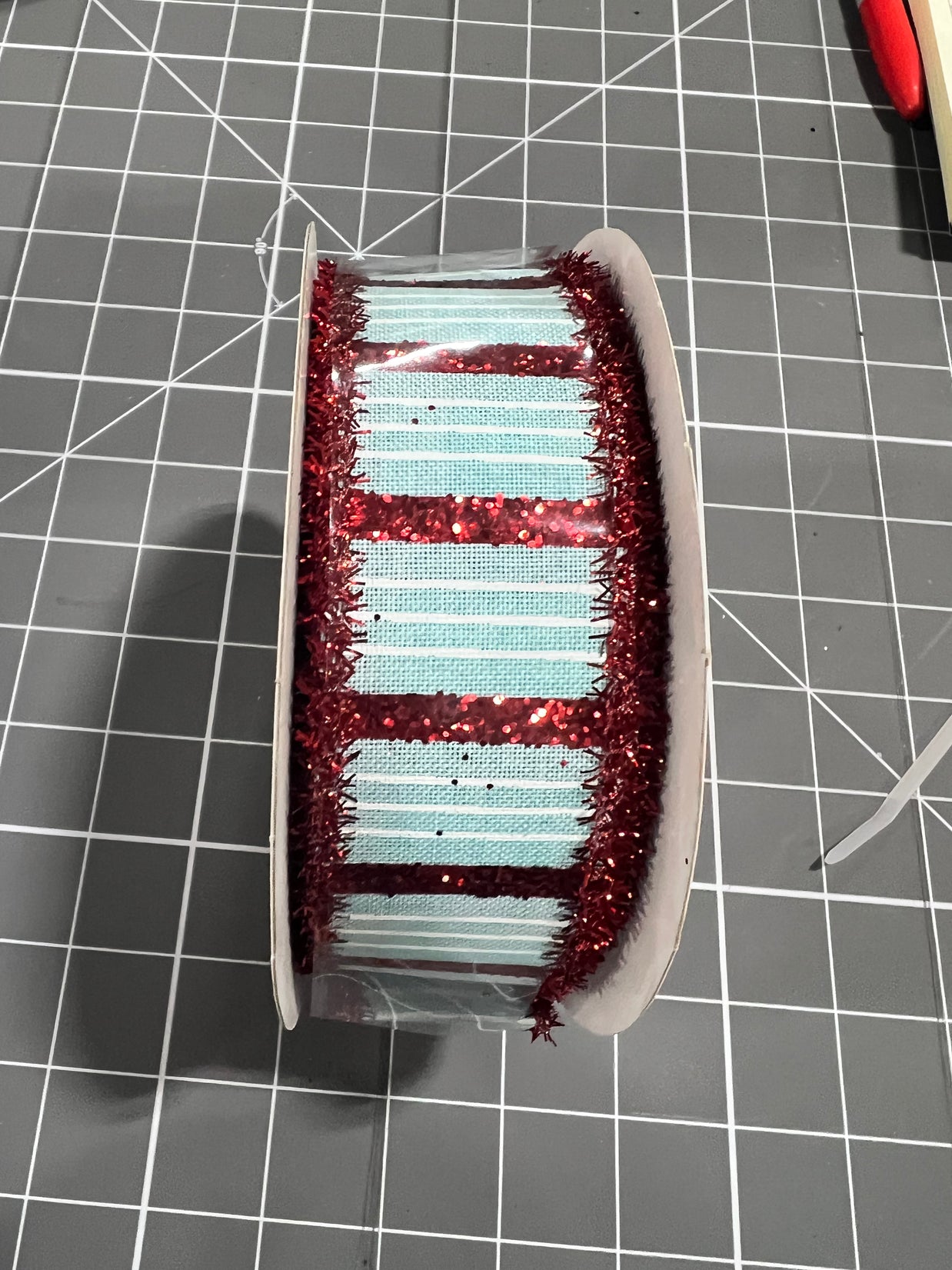 1.5”x 10yd ice blue and red stripe with tinsel edge  Wired Ribbon - RGA8099H1