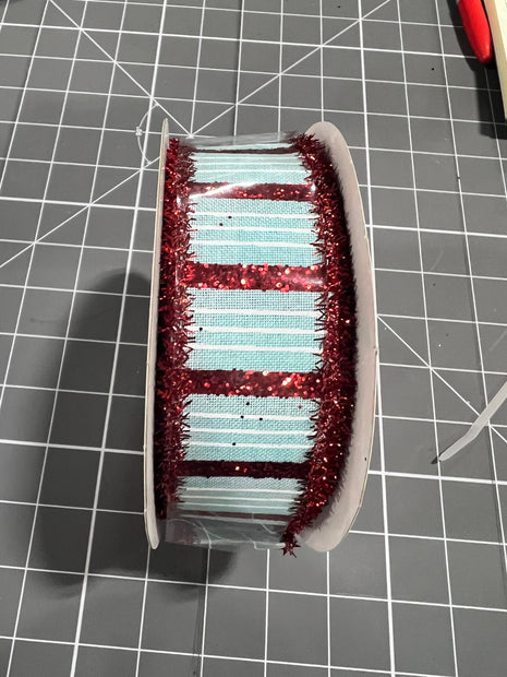 1.5”x 10yd ice blue and red stripe with tinsel edge  Wired Ribbon - RGA8099H1