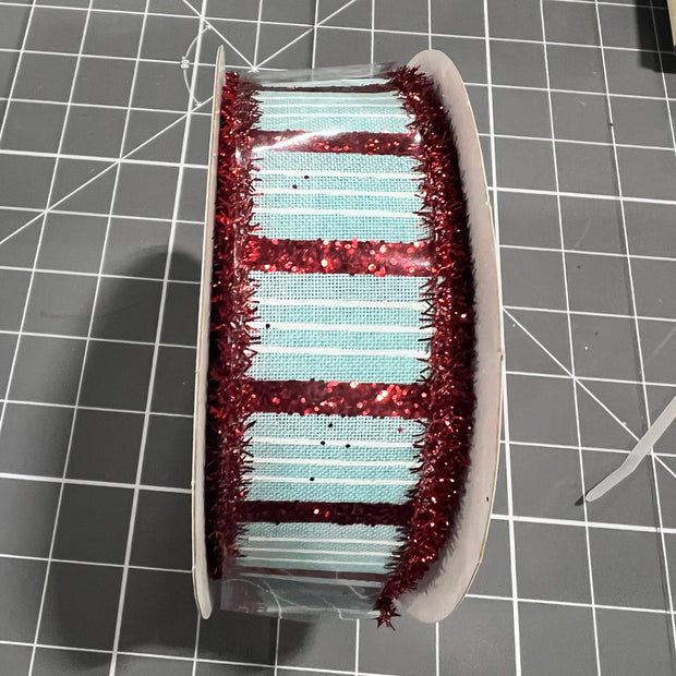 1.5”x 10yd ice blue and red stripe with tinsel edge  Wired Ribbon - RGA8099H1