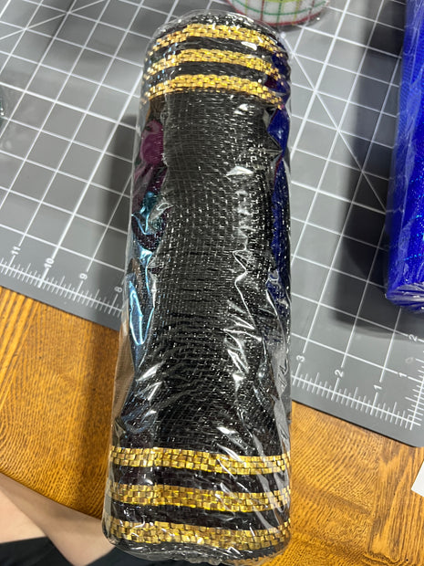 10" x 10Y black and gold tinsel boarder stripe mesh - RE8503F8