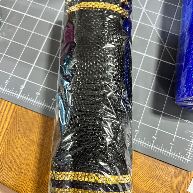 10" x 10Y black and gold tinsel boarder stripe mesh - RE8503F8
