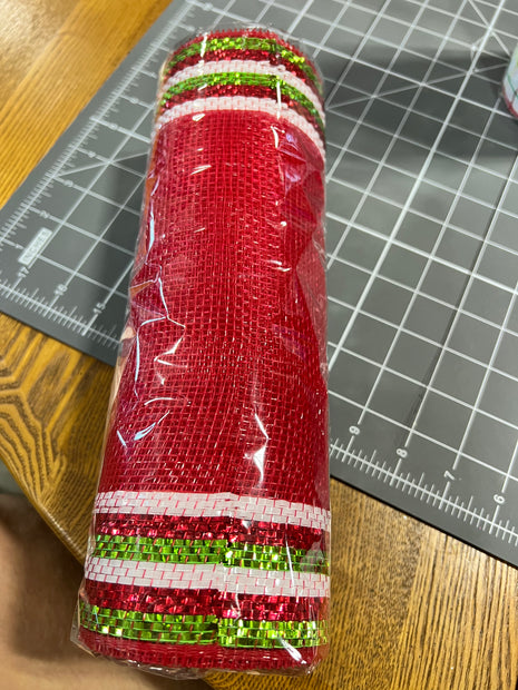 10" x 10Y red and green foil boarder stripe mesh - RE850493