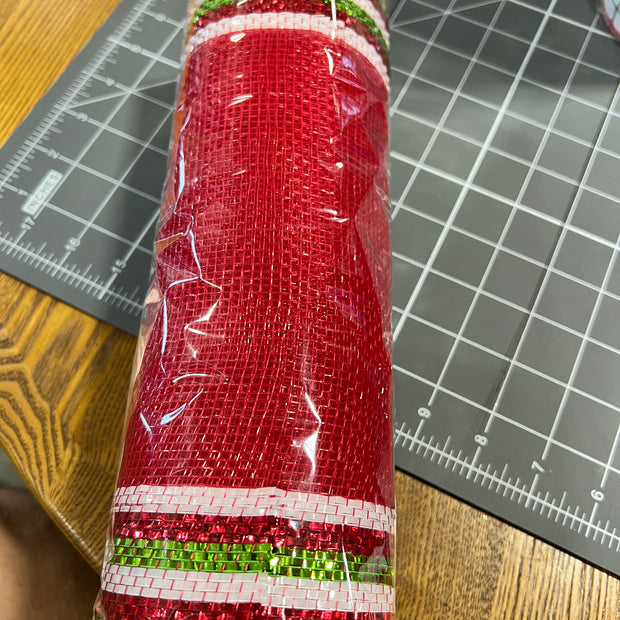 10" x 10Y red and green foil boarder stripe mesh - RE850493