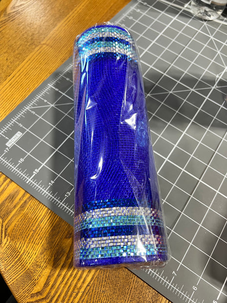 10" x 10Y blue and silver foil boarder stripe mesh - RY8504r1