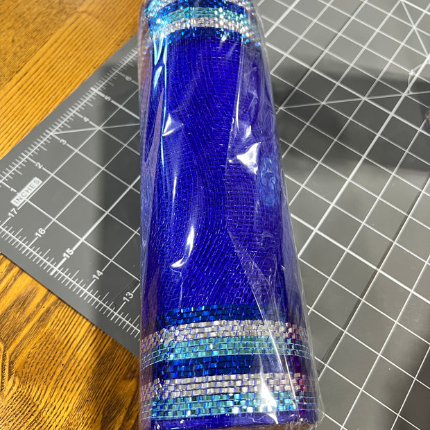 10" x 10Y blue and silver foil boarder stripe mesh - RY8504r1