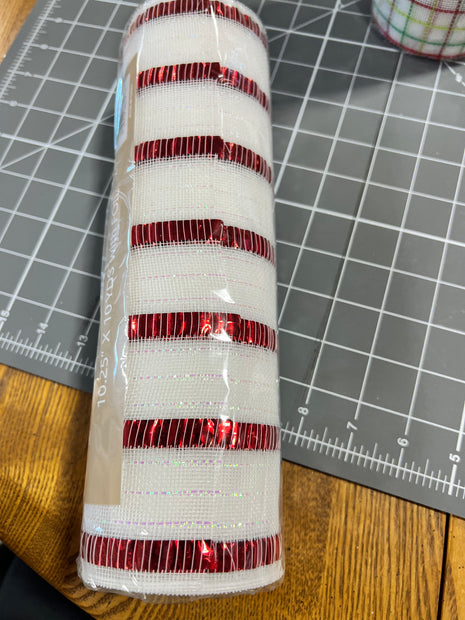 10" x 10Y Red and white foil stripe fine weave mesh - RY5036A2