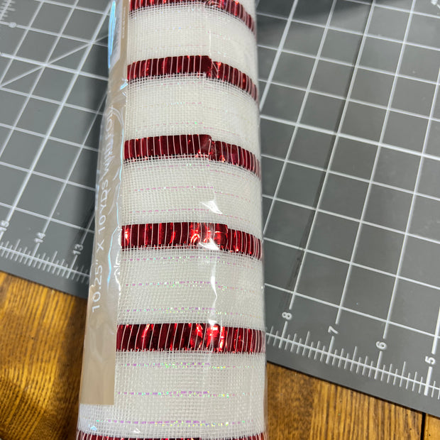 10" x 10Y Red and white foil stripe fine weave mesh - RY5036A2