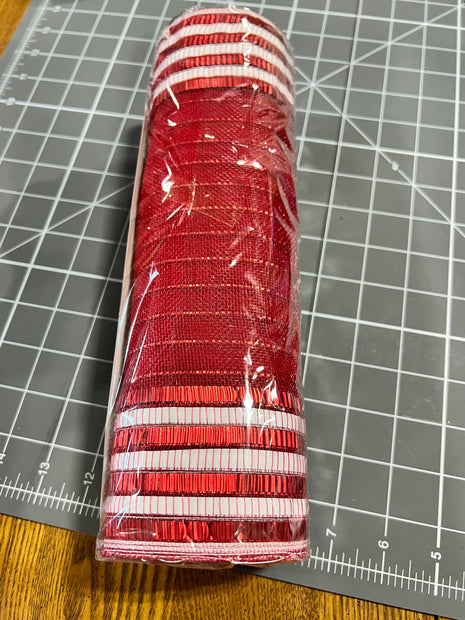 10" x 10Y Red and white foil boarder stripe fine weave mesh - RY504249