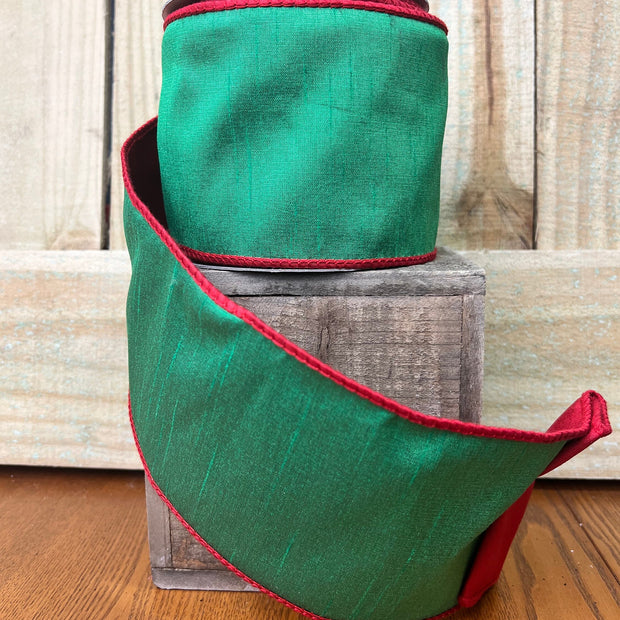 Green & Red Dupioni Double Fused Double Sided 4” by 10y Wired Ribbon, Nancy Brown home ribbon, Christmas ribbon - MBcraftssupplyco