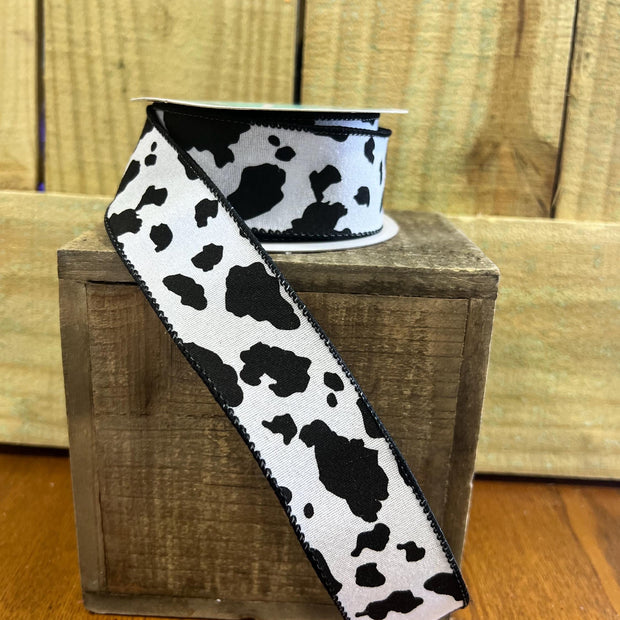 1.5" x 10Y fuzzy black and white cow print Wired Ribbon, wreath making supplies, everyday cow ribbon , RGB137602 - MBcraftssupplyco