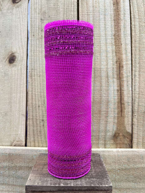 10" x 10Y hot pink tinsel boarder stripe mesh , wreath making supplies, wreath design materials, RY850711 - MBcraftssupplyco
