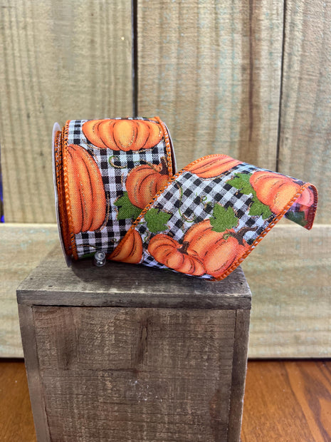 2.5" Pumpkin Patch/Check Wired Ribbon, wreath making supplies, Fall ribbon, RGA148027 - MBcraftssupplyco