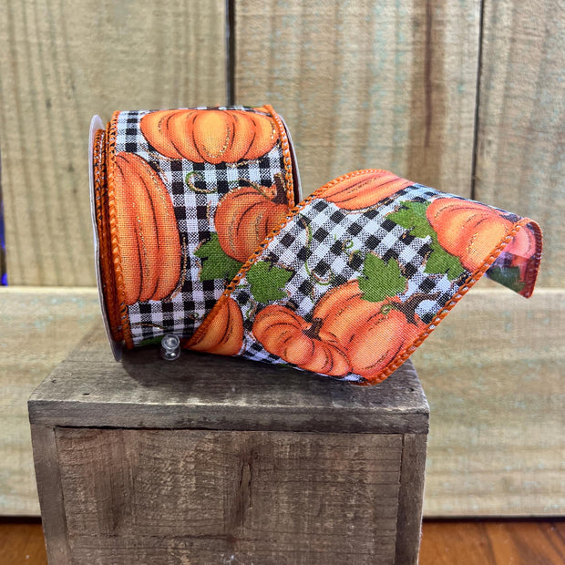 2.5" Pumpkin Patch/Check Wired Ribbon, wreath making supplies, Fall ribbon, RGA148027 - MBcraftssupplyco