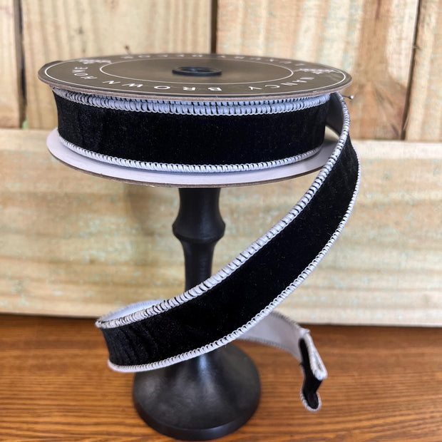 Black and white velvet designer ribbon - 1" x 10y , Nancy Brown home ribbon, black designer ribbon, Wreath making supply, 20-1221A - MBcraftssupplyco