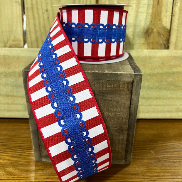 2.5" x 10Y patriotic lace stripe Wired Ribbon, wreath making supplies, Patriotic ribbon, RG08095A1 - MBcraftssupplyco