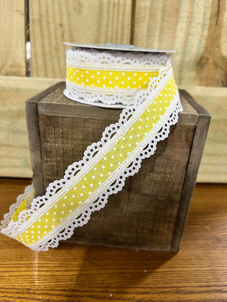 1.5" x 10Y yellow Swiss dot with lace Wired Ribbon, wreath making supplies, Spring ribbon, Easter ribbon, RG0886929 - MBcraftssupplyco