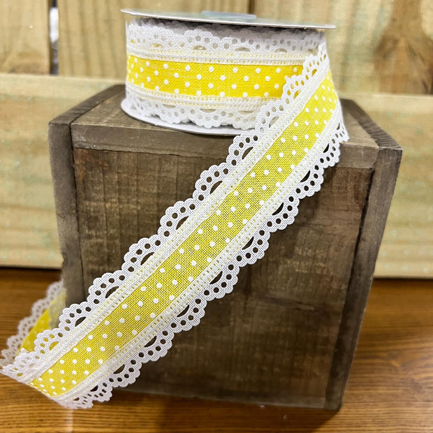 1.5" x 10Y yellow Swiss dot with lace Wired Ribbon, wreath making supplies, Spring ribbon, Easter ribbon, RG0886929 - MBcraftssupplyco