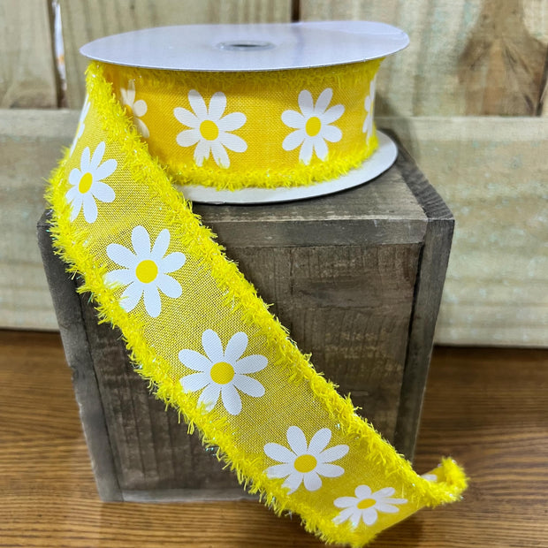 1.5" x 10Y yellow daisy drift edge Wired Ribbon, wreath making supplies, Spring ribbon, Easter ribbon, RG089208N - MBcraftssupplyco