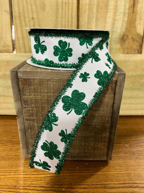 1.5" x 10Y glitter green shamrocks with tinsel edge Wired Ribbon, wreath making supplies, St Patrick’s Day ribbon, RGA851627 - MBcraftssupplyco