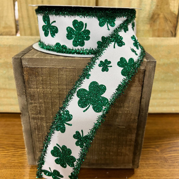1.5" x 10Y glitter green shamrocks with tinsel edge Wired Ribbon, wreath making supplies, St Patrick’s Day ribbon, RGA851627 - MBcraftssupplyco