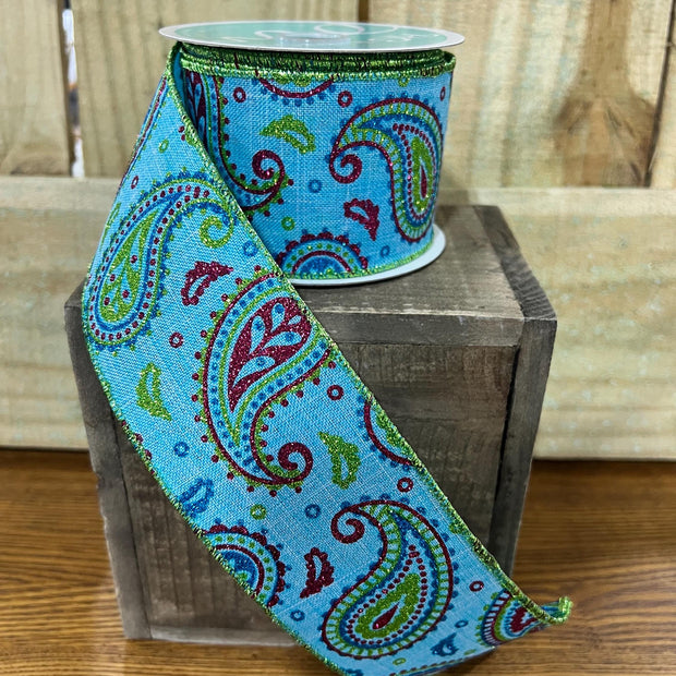 2.5" x 10Y summer turquoise paisley Wired Ribbon, wreath making supplies, summer ribbon, RGC137614 - MBcraftssupplyco