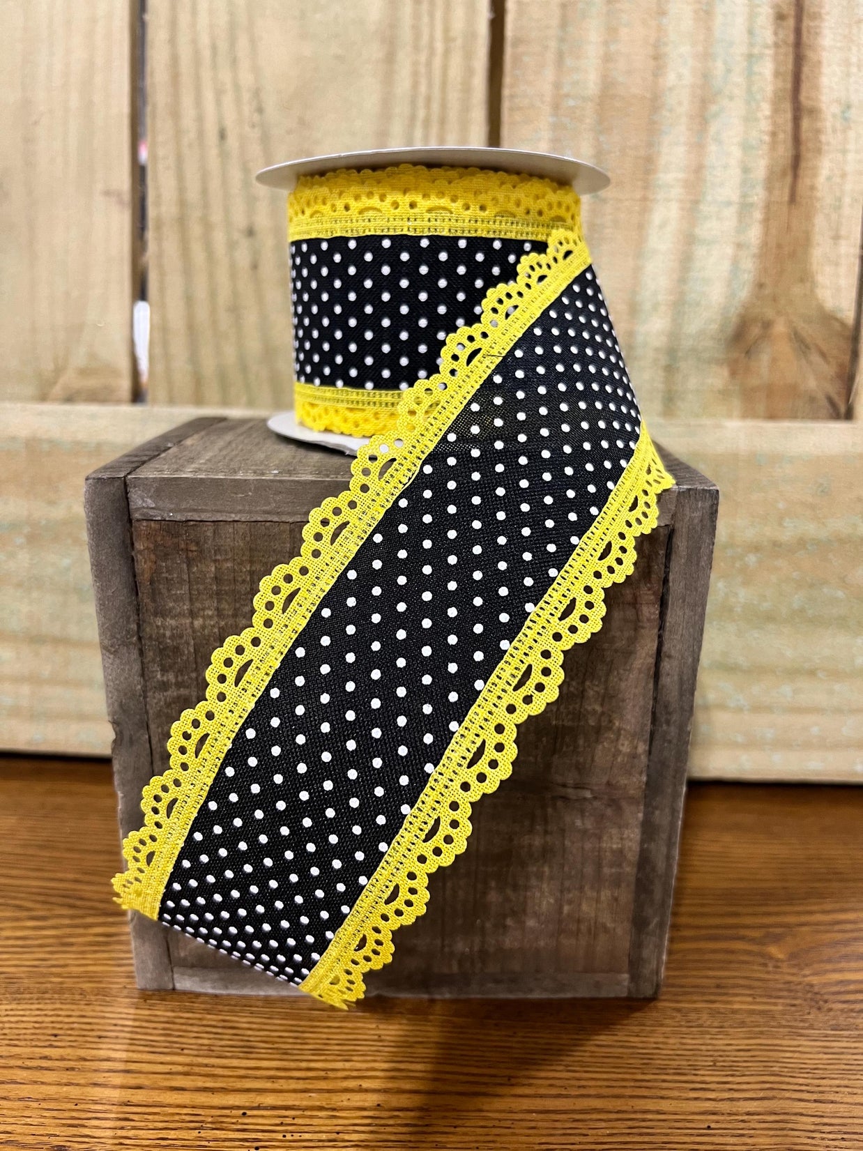 2.5" x 10Y yellow and black Swiss dot with lace Wired Ribbon, wreath making supplies, black ribbon, bumblebee ribbon, RG08870CJ - MBcraftssupplyco