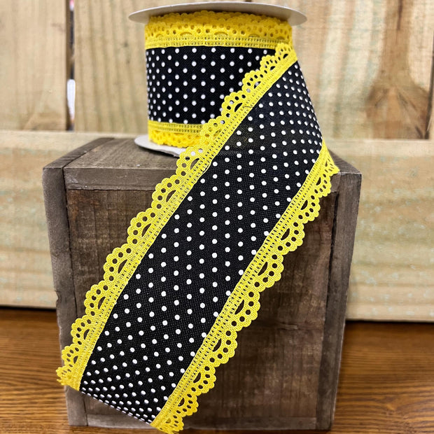 2.5" x 10Y yellow and black Swiss dot with lace Wired Ribbon, wreath making supplies, black ribbon, bumblebee ribbon, RG08870CJ - MBcraftssupplyco