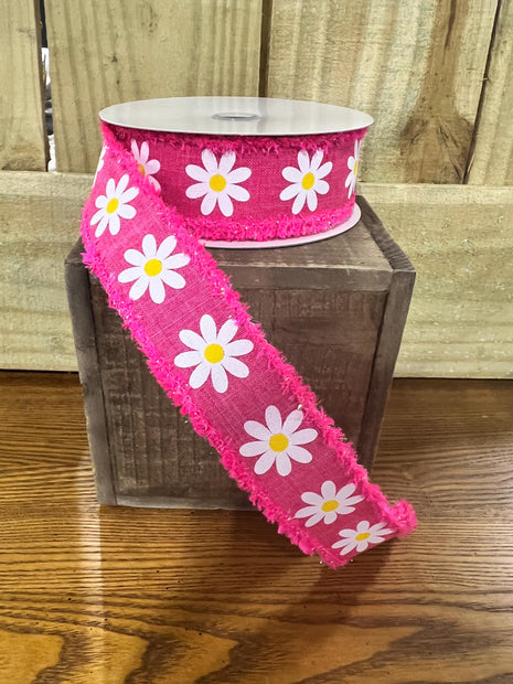 1.5" x 10Y hot pink daisy drift edge Wired Ribbon, wreath making supplies, Spring ribbon, Easter ribbon, RG0892011 - MBcraftssupplyco