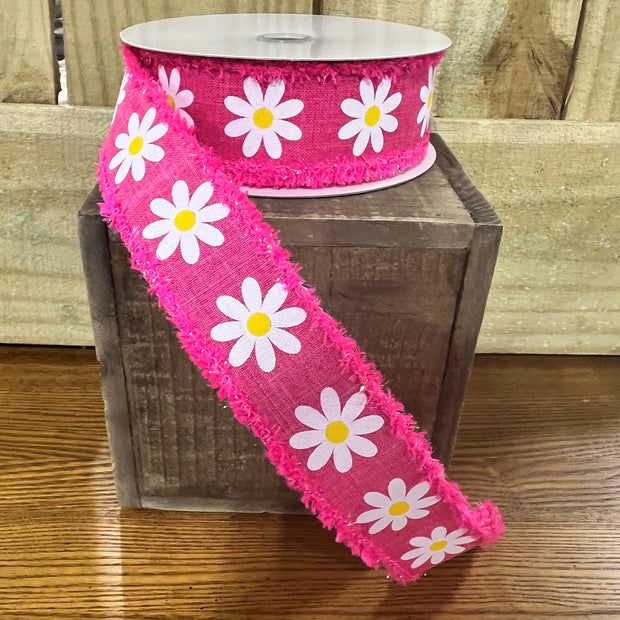 1.5" x 10Y hot pink daisy drift edge Wired Ribbon, wreath making supplies, Spring ribbon, Easter ribbon, RG0892011 - MBcraftssupplyco