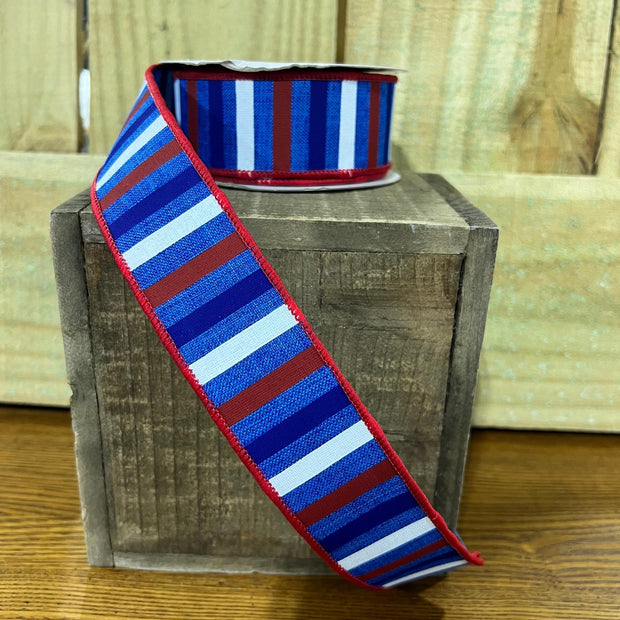 1.5" x 10Y patriotic stripe Wired Ribbon, wreath making supplies, Patriotic ribbon, RGA120425 - MBcraftssupplyco