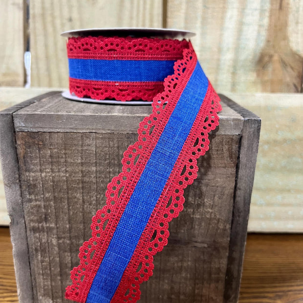1.5" x 10Y patriotic lace Wired Ribbon, wreath making supplies, Patriotic ribbon, RGA1541T2 - MBcraftssupplyco