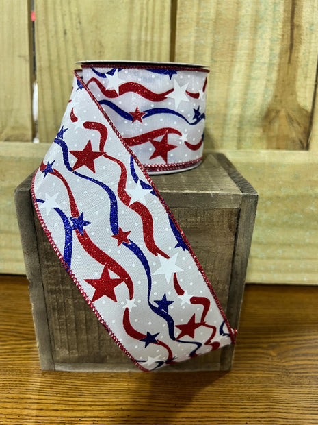 2.5" x 10Y patriotic stars and wavy stripe Wired Ribbon, wreath making supplies, Patriotic ribbon, RGA167327 - MBcraftssupplyco